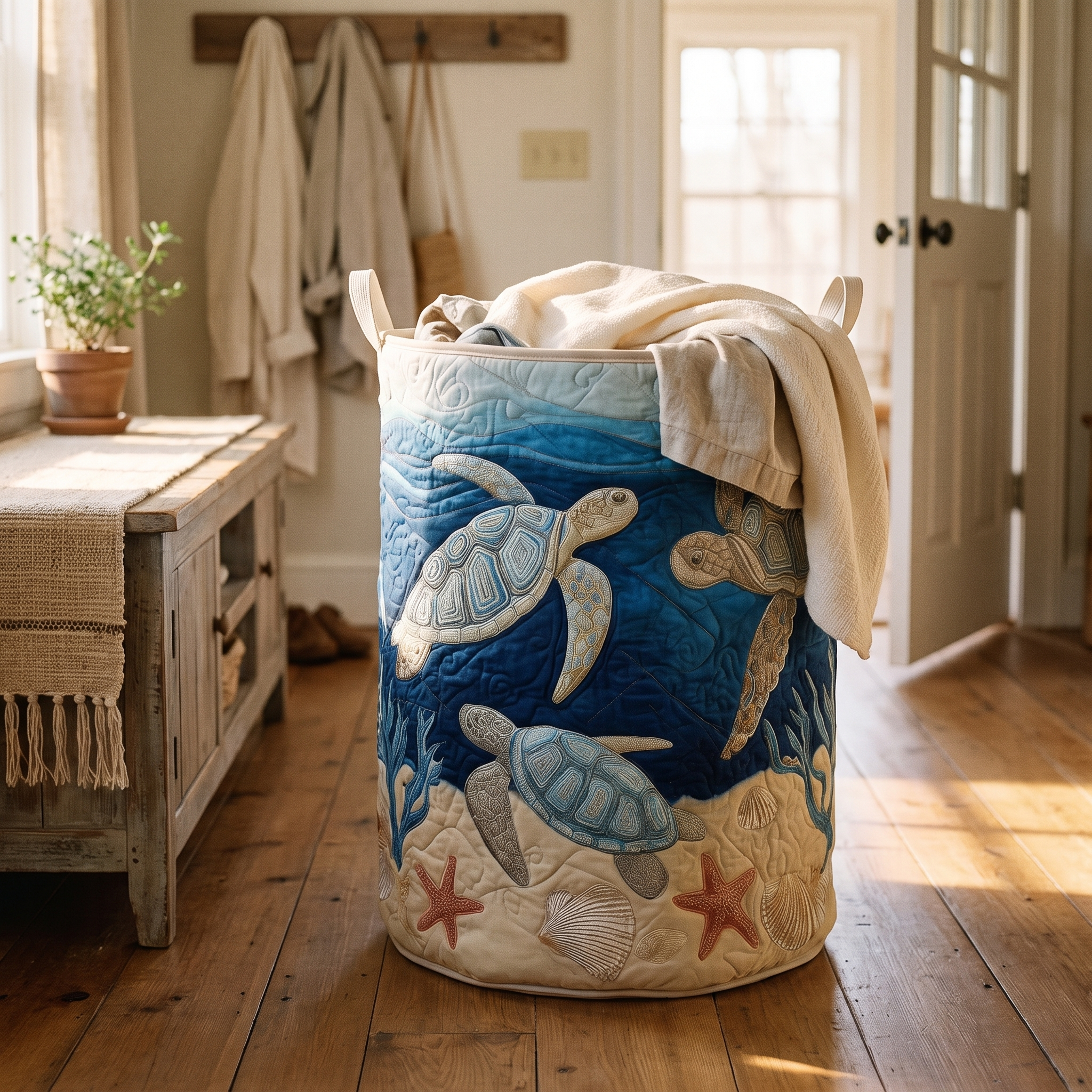 Hand-Quilted Sea Turtle Basket, made by Francine